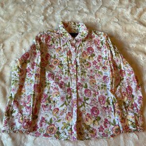 $12 ADD ON Lands' End Girls Floral Button-Up Shirt Size 8+ White Long Sleeve